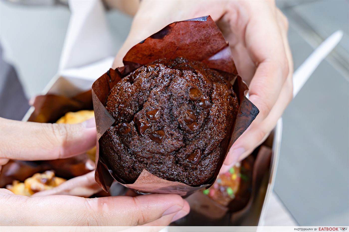 Bakes n Bites Triple Chocolate muffin, rich and studded with dark chocolate chips